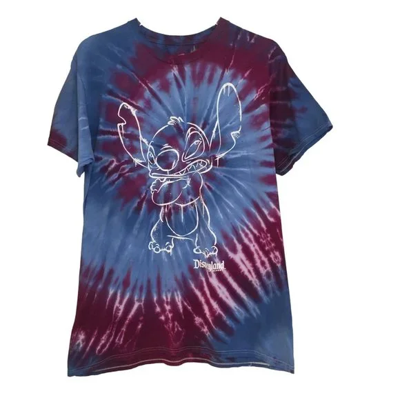 Disneyland Resort Stitch Tie Dyed Ladies Shirt Size Large Purple Blue White  100%